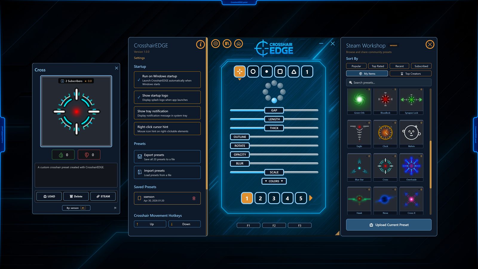 CrosshairEDGE overlay running over a borderless fullscreen game on Windows